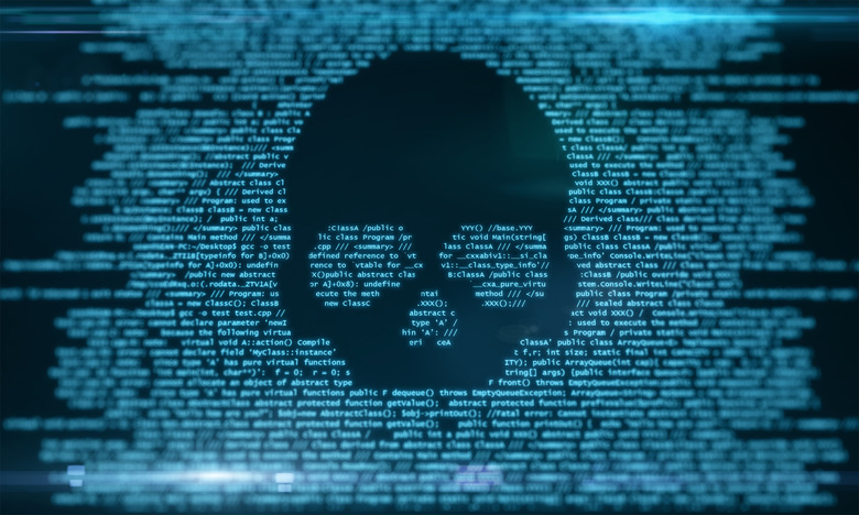 Abstract skull shape binary code on blurry background. Virus attack and malware concept. 3D Rendering