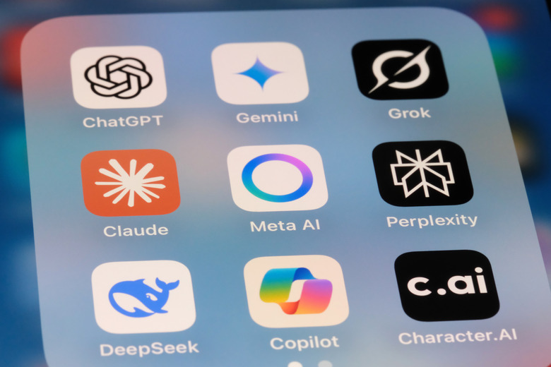Shanghai,China-April 20th 2025: Meta AI, Claude, ChatGPT, Gemini, Grok, Perplexity, DeepSeek, Copilot and Character.AI. Assorted AI app icons