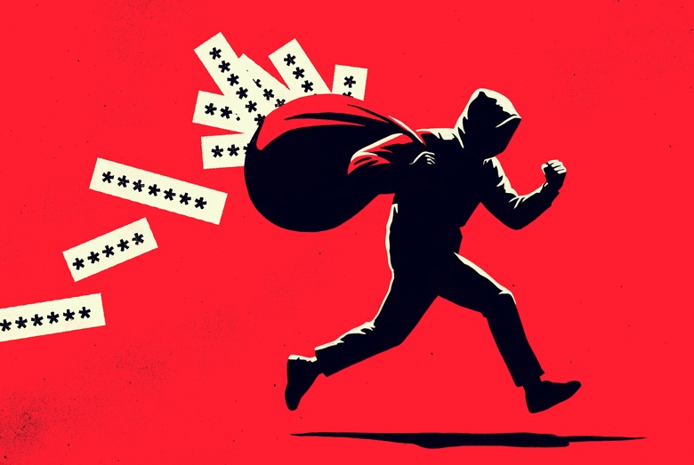 A hooded figure is depicted running with a large sack, from which slips of paper featuring asterisks (symbolizing passwords or confidential information) are falling out. The background is solid red, creating a striking contrast and emphasizing the theme of cyber theft or data breach.