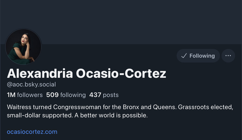 Screenshot of the Bluesky profile page for Congresswoman Alexandria Ocasio-Cortez.