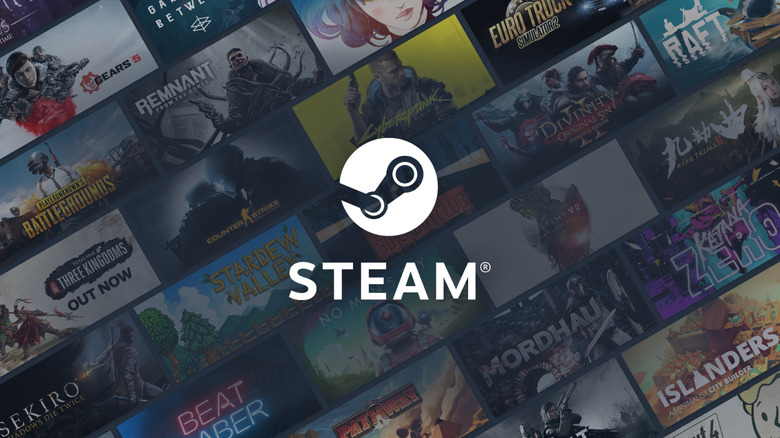 The Steam logo over a diagonal grid of different PC games.