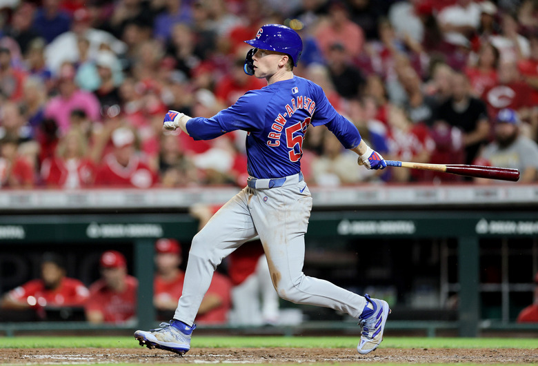 CINCINNATI, OHIO - JULY 31: Pete Crow-Armstrong #52 of the Chicago Cubs hits a two RBI double in the 7th inning against the Cincinnati Reds at Great American Ball Park on July 31, 2024 in Cincinnati, Ohio. (Photo by Andy Lyons/Getty Images)