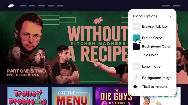 Screenshot from Vimeo Streaming, showing a content creator's custom streaming service with a pop-up tool for choosing custom UI elements.