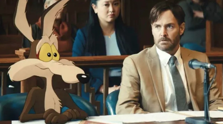 A still showing the cartoon coyote in court with Will Forte.