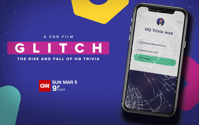 A promotional photo for the CNN Glitch The Rise and Fall of HQ Trivia documentary showing a phone with HQ Trivia on its broken display, along with the documentary's premiere date.