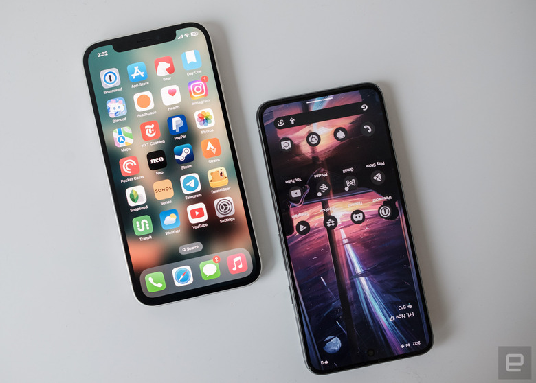 A photo of an iPhone 12 and Pixel 8 next to one another. 