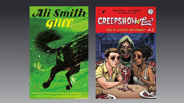 On left: The cover for Ali Smith's Gliff. An illustration of the back half of a horse that appears to be in motion, drawn in thick brushstrokes, set against a green background On right: The cover of Creepshow in Love #1, with a red title banner above an illustration of the ghoulish narrator sitting between an eyeless boy and a girl who share a milkshake filled with viscera in a diner booth