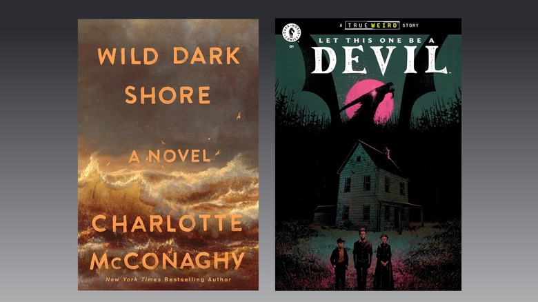 Covers for the novel Wild Dark Shore and the comic Let This One Be a Devil are pictured against a gray gradient background
