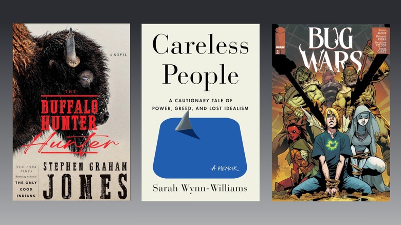 Book covers for The Bufallo Hunter Hunter, Careless People and Bug Wars pictured on a gray background