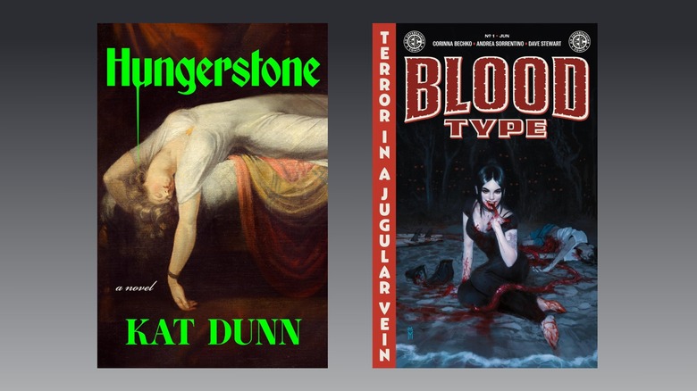 Covers for the book Hungerstone and the comic Blood Type are pictured side by side on a gradient gray background
