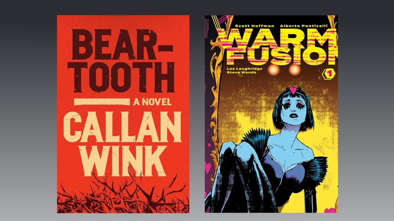 Covers for the book Beartooth by Callan Wink (left) and the comic Warm Fusion (right) pictured on a gradient gray background