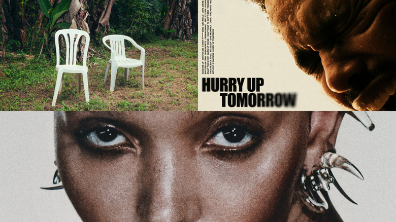 A collage showing album covers for Bad Bunny's Debí Tirar Más Fotos (top left), The Weeknd's Hurry Up Tomorrow (top right) and FKA twigs' Eusexua (bottom)