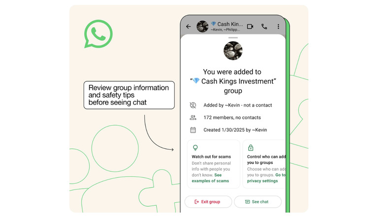 Image of safety overviews that will appear in WhatsApp groups when a user is added by someone outside their contacts list