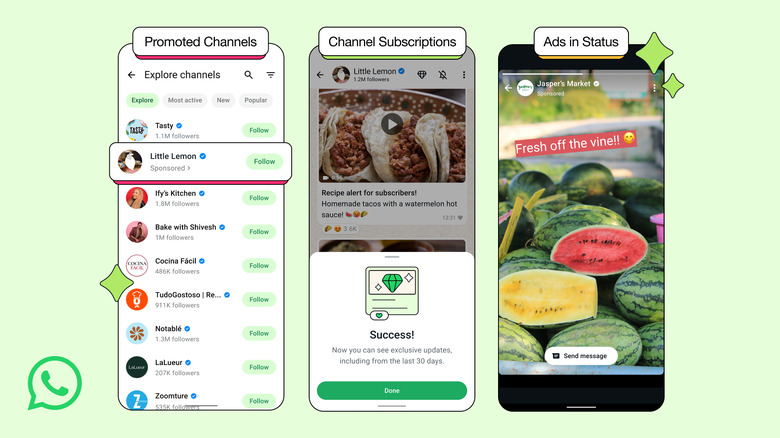 WhatsApp screenshots showing three new features: promoted channels, channel subscriptions and ads in Status