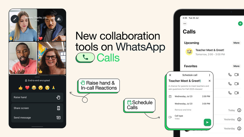 A collage of screenshots and feature pop-ups for WhatsApp.