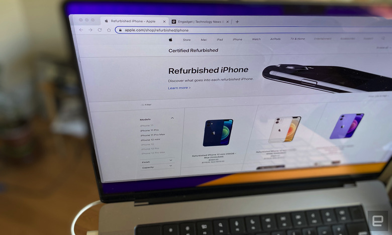 Close up of a computer screen on Apple's refurbished iPhone website page. 