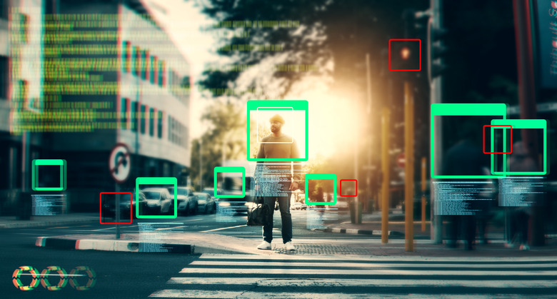 Face recognition, man in street and identity with biometric, surveillance and code for technology innovation in city. Network, security and future, IT overlay with info and frame, privacy and UI
