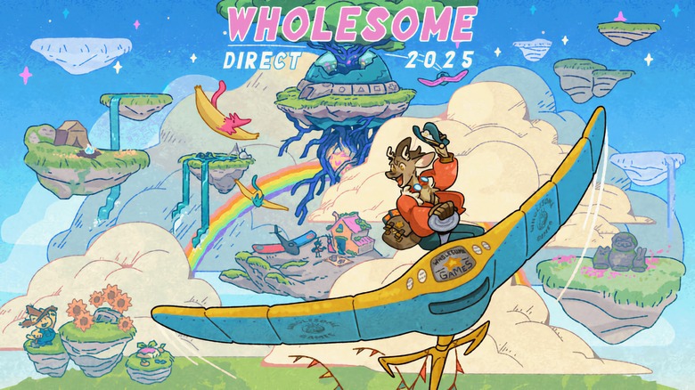 The cover art for Wholesome direct 2025, featuring a reindeer on a glide flying among floating islands.