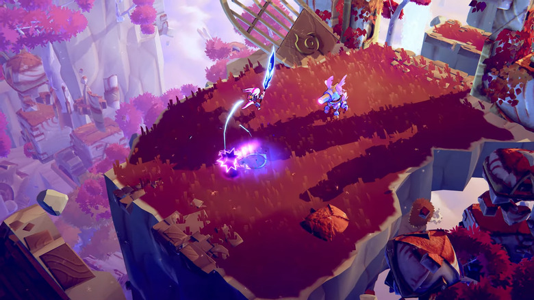 Still from the trailer for Windblown, a visually striking roguelike game. A player-controller character leaps high with a sword to take on a fierce enemy on a floating island.