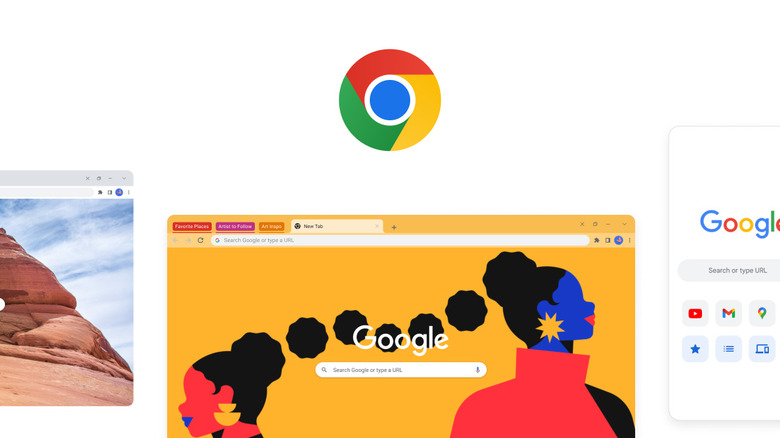 Chrome logo with screenshots of several versions of the browser below.