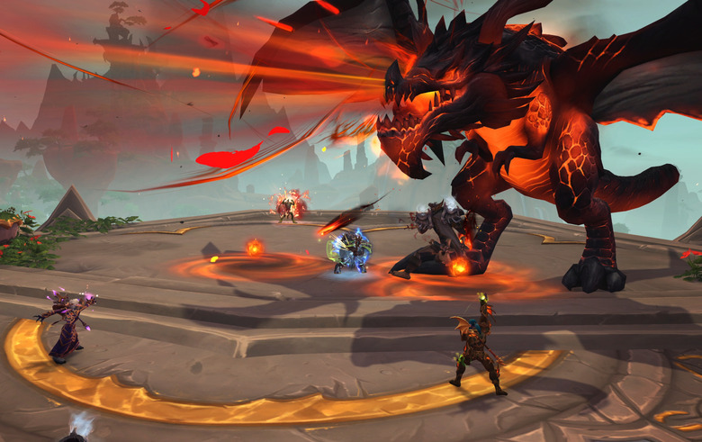 Computer graphics of a dragon and several human video game characters.