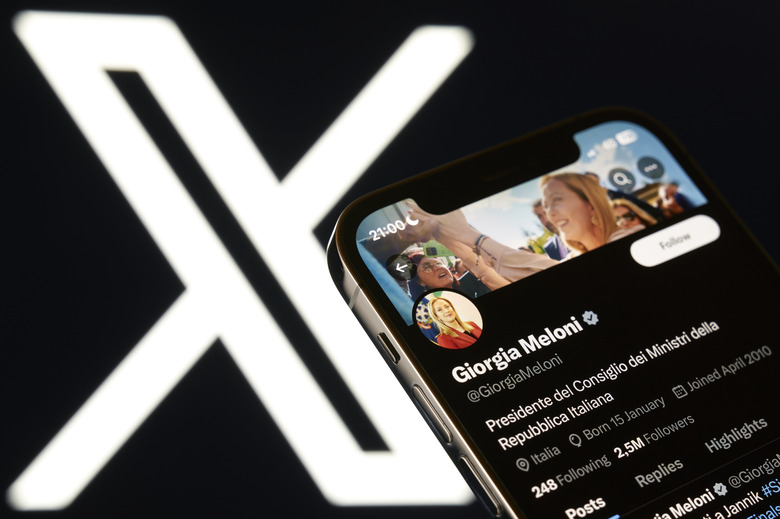 An editorial image shows an iPhone screen displaying Giorgia Meloni's personal account on the X social network platform. (Photo by Matteo Della Torre/NurPhoto via Getty Images)