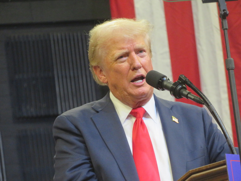 MONTANA, US - AUGUST 09: Republican presidential nominee, former U.S. President Donald Trump gives a speech at a rally at the Brick Breeden Fieldhouse at Montana State University in Bozeman, Montana, United States on August 9, 2024. (Photo by Brendan Gutenschwager/Anadolu via Getty Images)