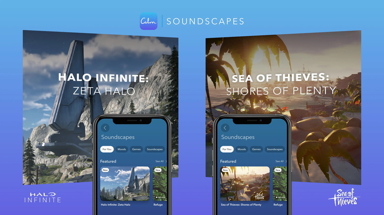 Screenshots showing Halo Infinite and Sea of Thieves soundscapes on the mindfulness app Calm.