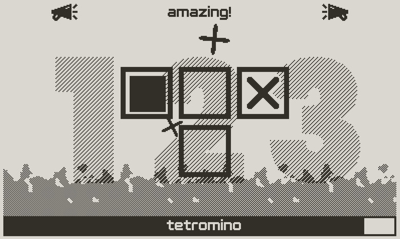 A still from the Playdate game XTRIS showing four squares arranged in a T formation, with a filled-in black square in the left-most tile and a black X in the right-most. the word 