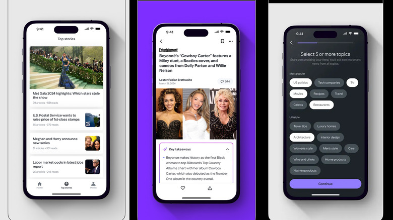 Updated Yahoo News app in three panels, showing the app’s features.