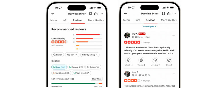 Yelp's new AI feature read customer reviews and rates certain aspects of service with a number.