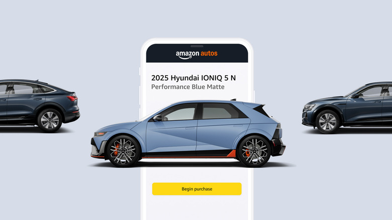 Hyundai IONIQ 5 N with an Amazon Autos overlay prompting a buyer to start their purchase.