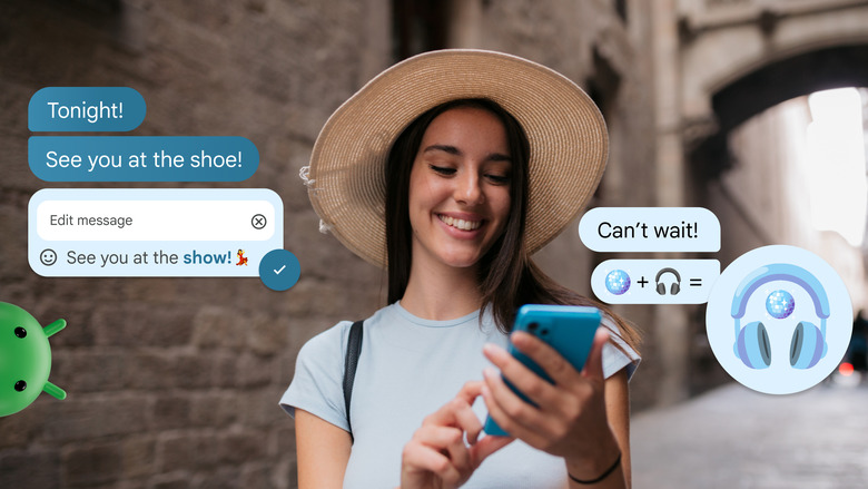 Google promo image of a person in a straw hat smiling while holding an Android phone. Overlaid bubbles show editing messages (