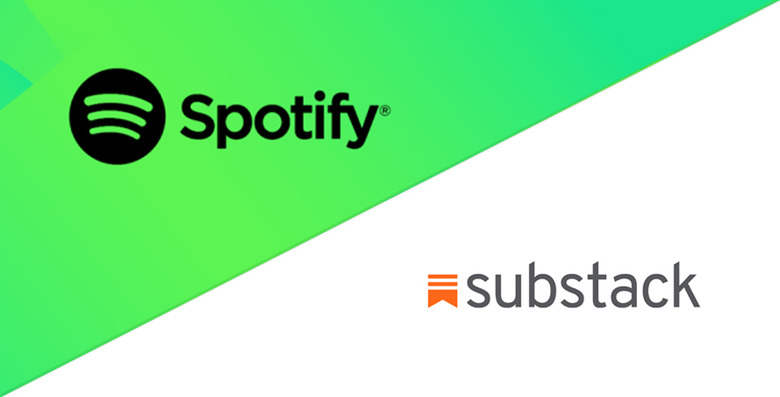 Split-screen diagonal: On the left, a Spotify logo in black against a green patterned background. On the right, a Substack logo against a white background.