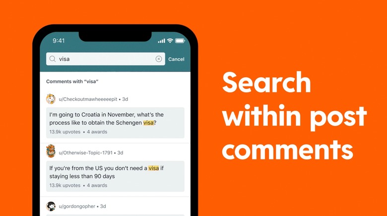 Orange background. Left: Phone with a screen showing a post comment search in the Reddit app. Right: the text, 