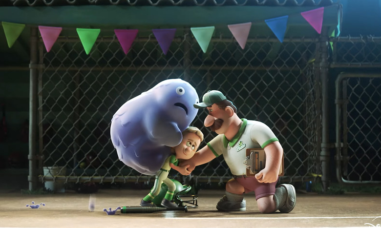 Still from the first episode of Pixar's Win or Lose. A child with a sweat blob on her back is comforted by her coach father.