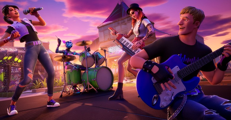 Three characters play instruments while another sings in Fortnite Festival.
