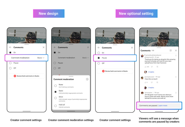 Four phones show how to turn off comments on YouTube for creators. 