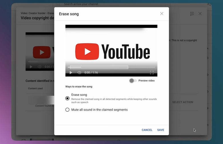A screenshot of YouTube's erase song feature.