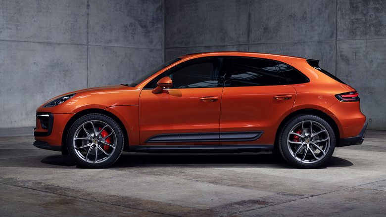 Side views of a 2024 Porsche Macan EV and a 2023 Porsche Macan